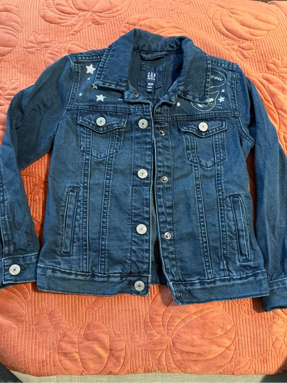 GAP Girls Navy Denim Jacket with Star & Moon Embroidery